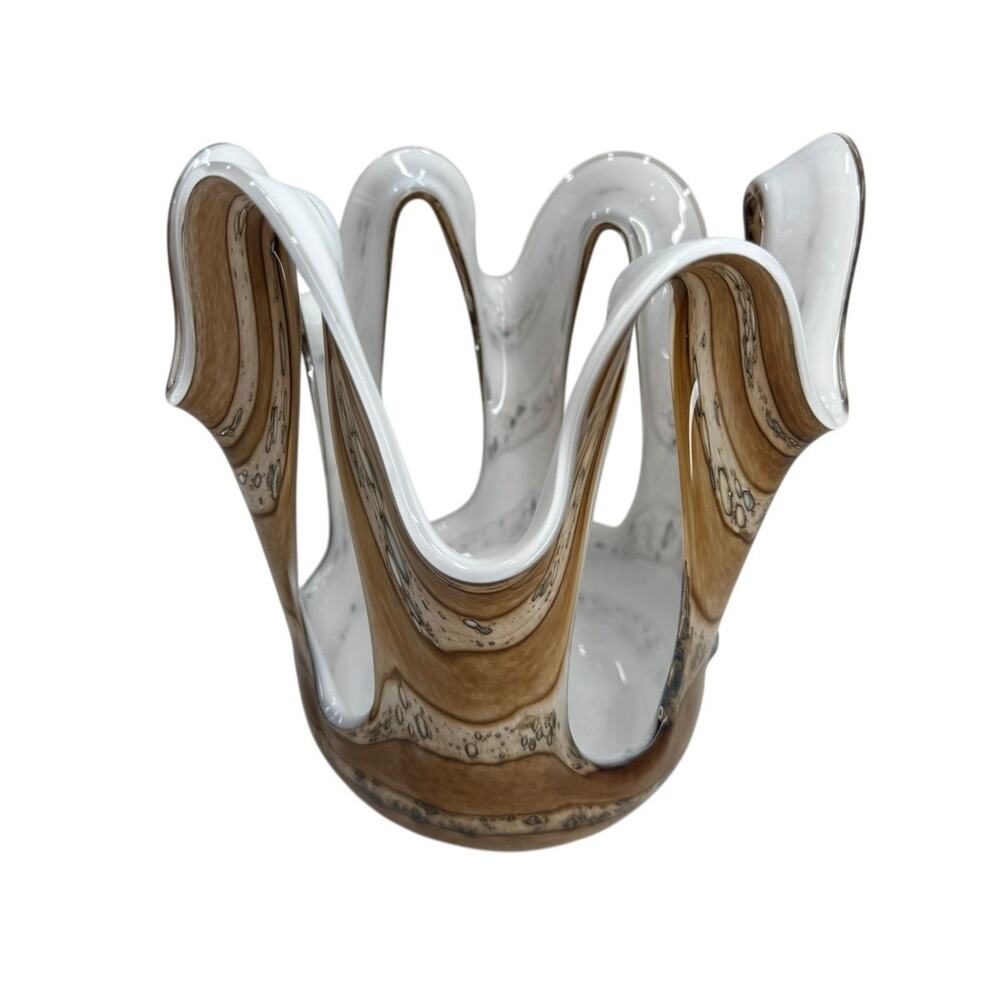 Vintage Zorza Poland Hand Blown Art Glass Handkerchief Vase Brown White Ruffle